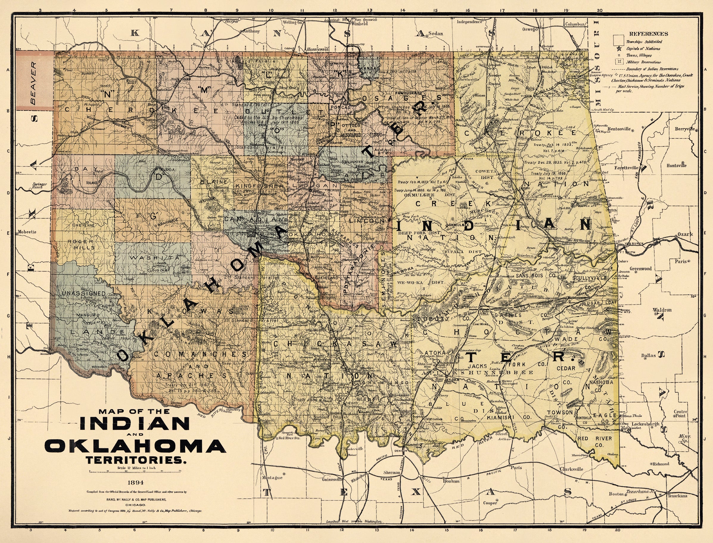 Map of the Indian and Oklahoma Territories, 1894; Compiled from the Official Records of the General Land Office and Other Sources by Relic Map Company