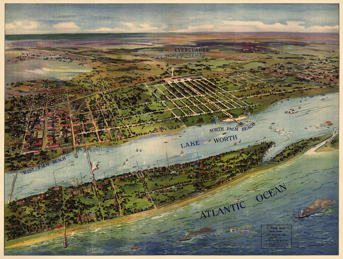 Panoramic View of West Palm Beach, North Palm Beach and Lake Worth 1915 by Relic Map Company