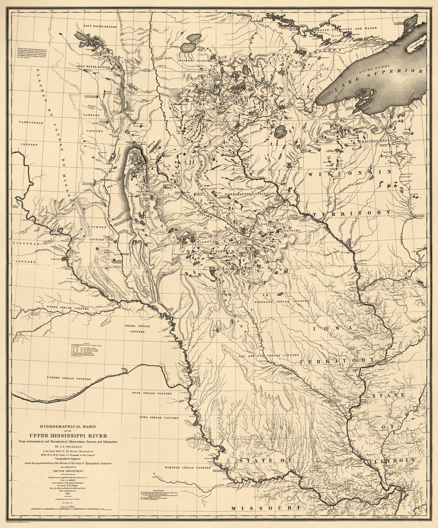 Hydrographical Basin of the Upper Mississippi River from Astronomical and Barometrical Observations, Surveys, and Information 1843