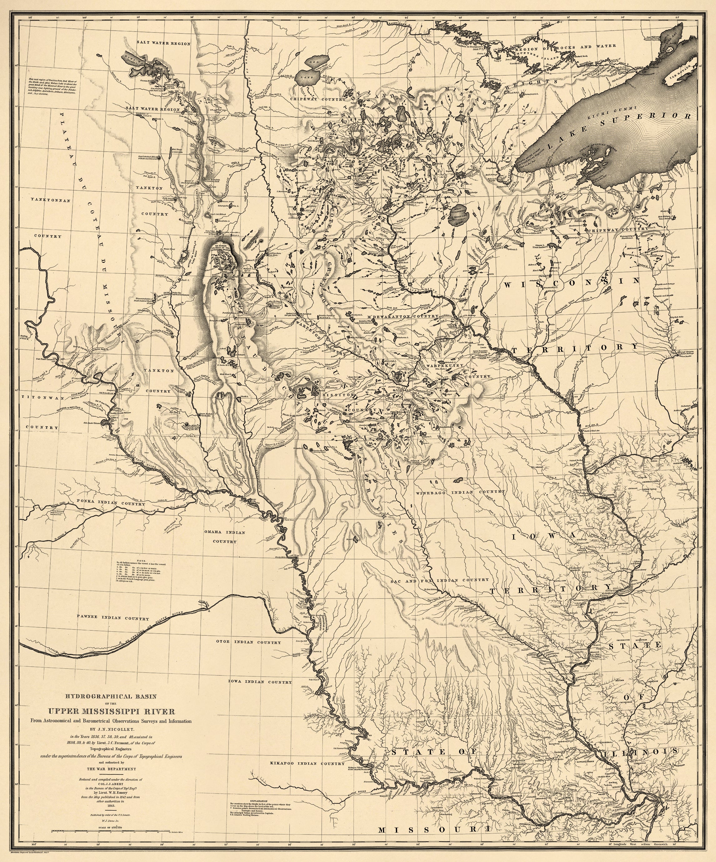 Hydrographical Basin of the Upper Mississippi River from Astronomical and Barometrical Observations, Surveys, and Information 1843