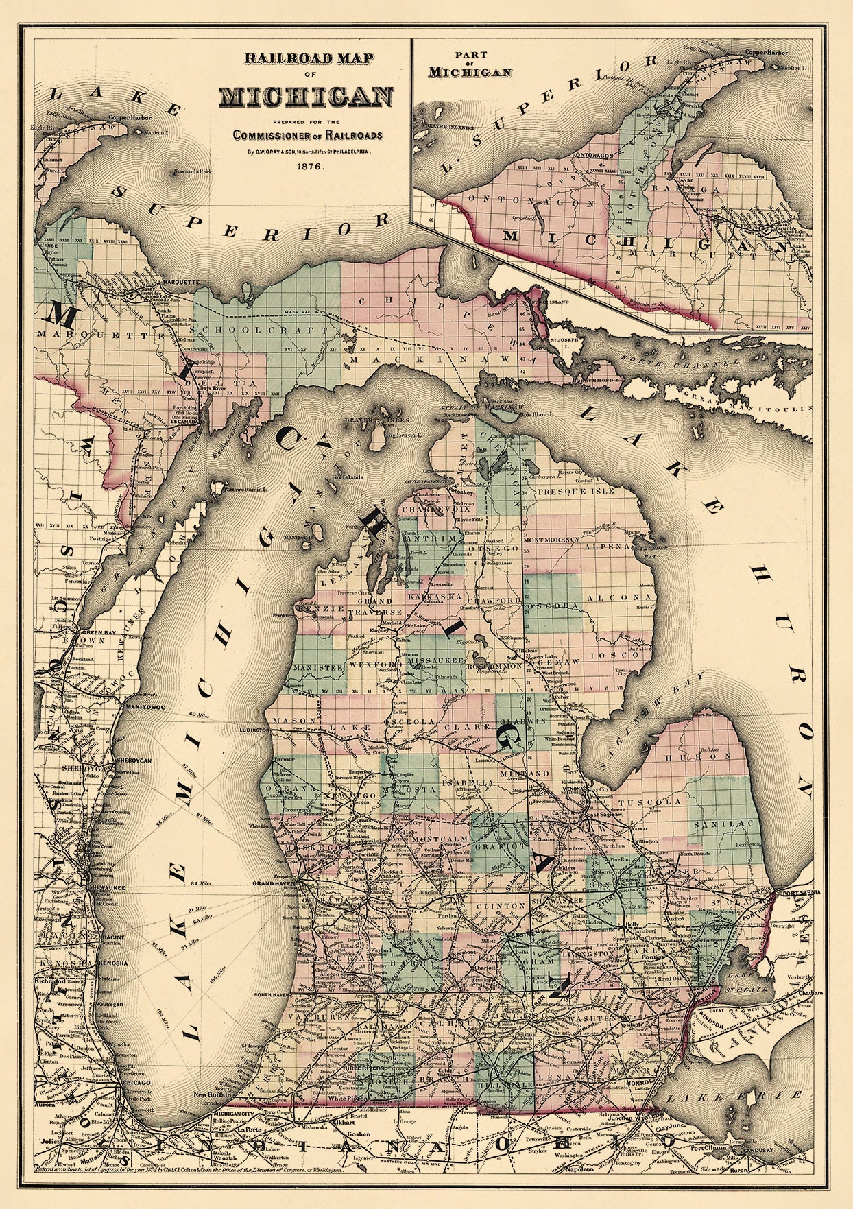 Railroad Map of Michigan Prepared for the Commissioner of Railroads 1876