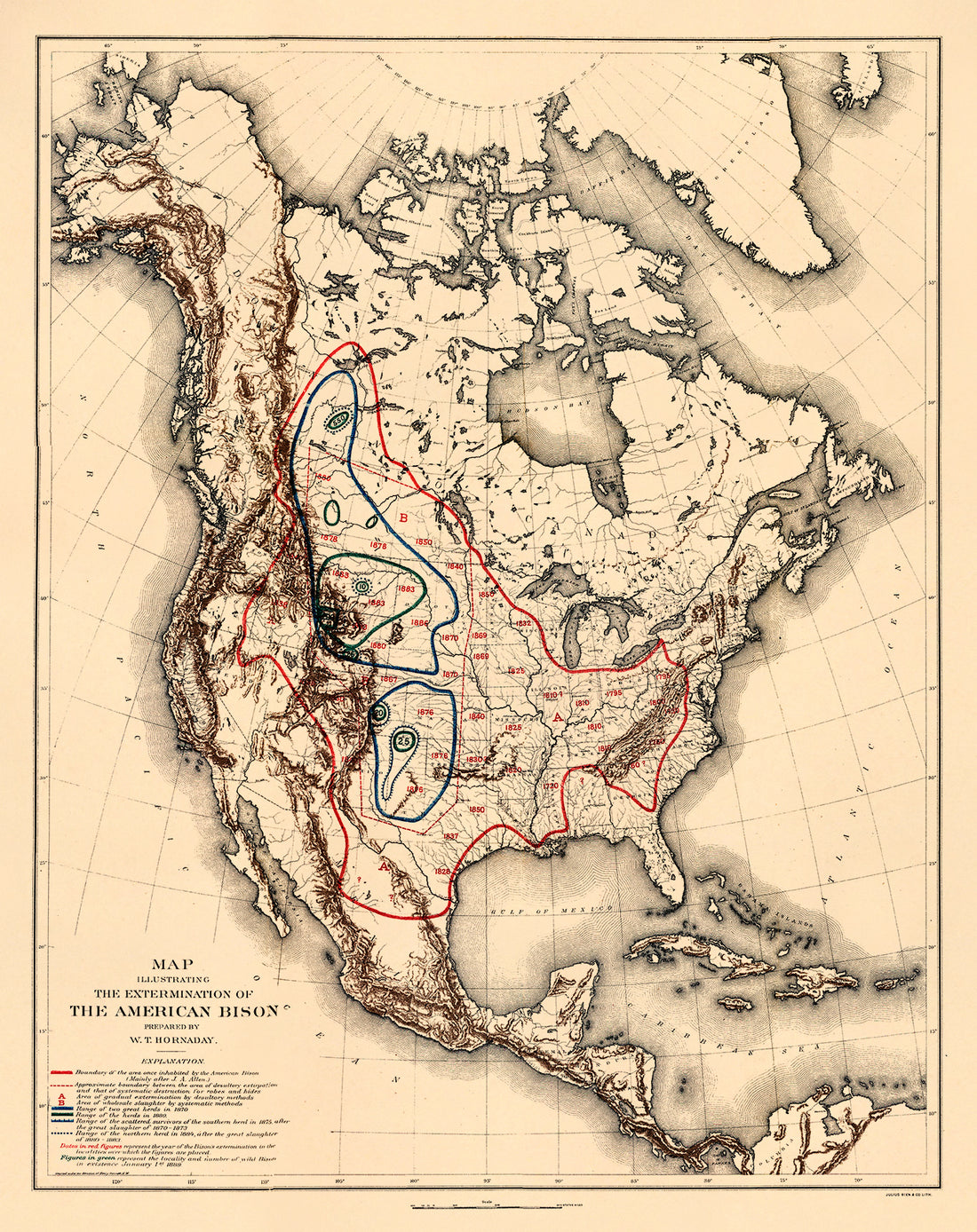 Map Illustrating the Extermination of the American Bison 1889