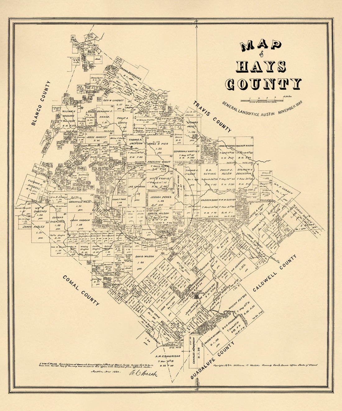 Map of Hays County, Texas 1880