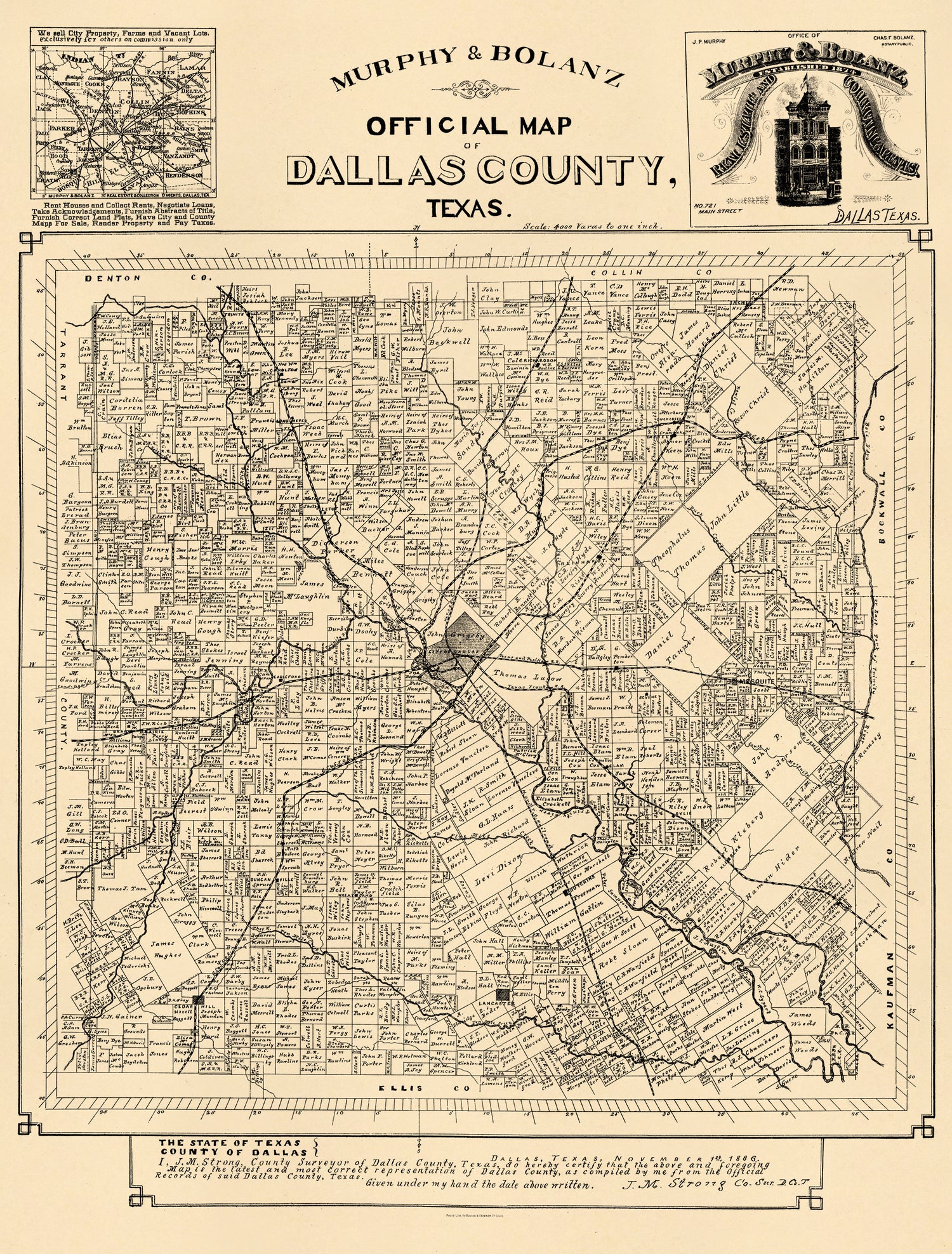 Official Map of Dallas County, Texas (Murphy &amp; Bolanz Official Map of Dallas County, Texas) 1886