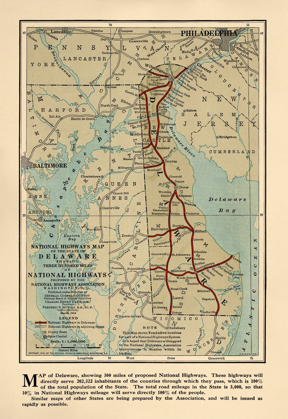 National Highways Association Map of the State of Delaware. (National Highways Association Map of the State of Delaware: Showing Three Hundred Miles of National Highways Proposed by the National Highways Association) 1914