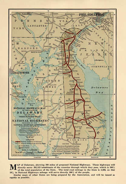 National Highways Association Map of the State of Delaware. (National Highways Association Map of the State of Delaware: Showing Three Hundred Miles of National Highways Proposed by the National Highways Association) 1914