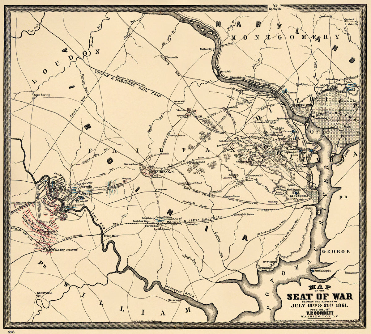 Map of the Seat of War Showing the Battles of July 18th &amp; 21st 1861 by Relic Map Company