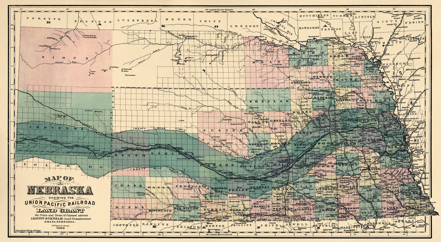Map of Nebraska Showing the Union Pacific Railroad Land Grant 1880