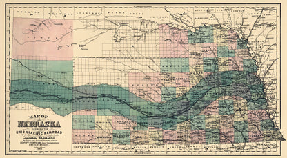 Map of Nebraska Showing the Union Pacific Railroad Land Grant 1880