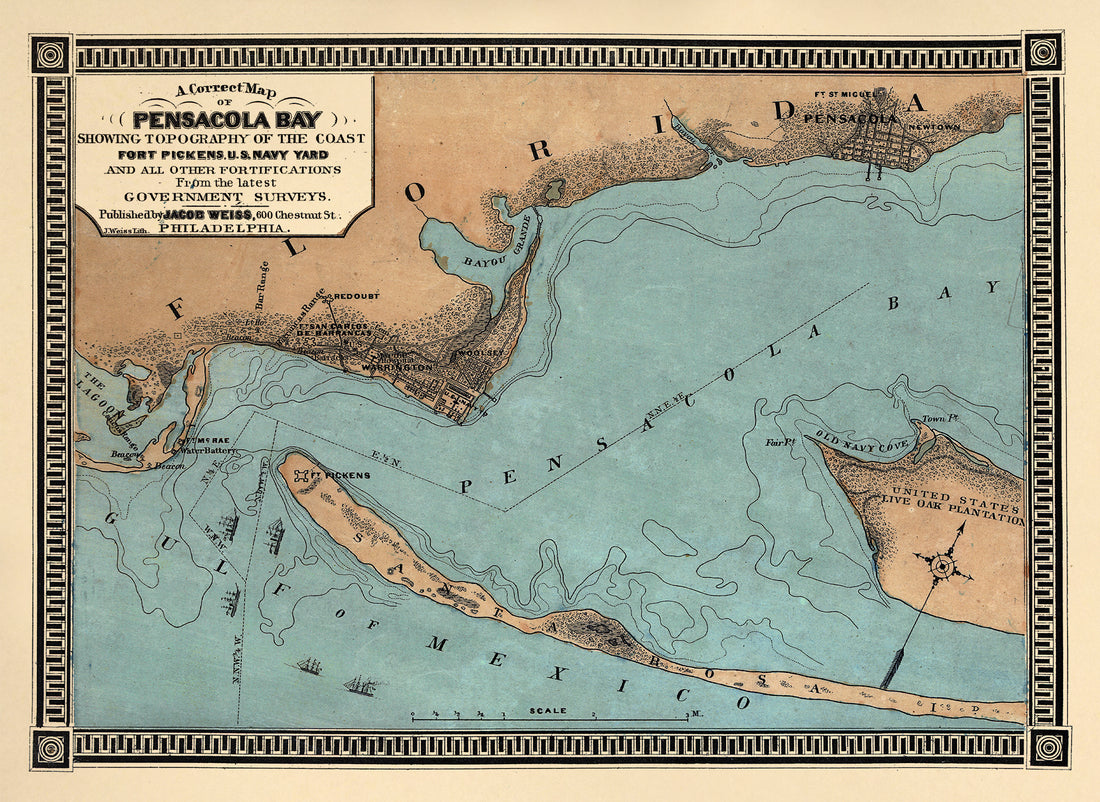 A Correct Map of Pensacola Bay Showing Topography of the Coast, Fort Pickens, U.S. Navy Yard, and All Other Fortifications from the Latest Government Surveys 1860 by Relic Map Company