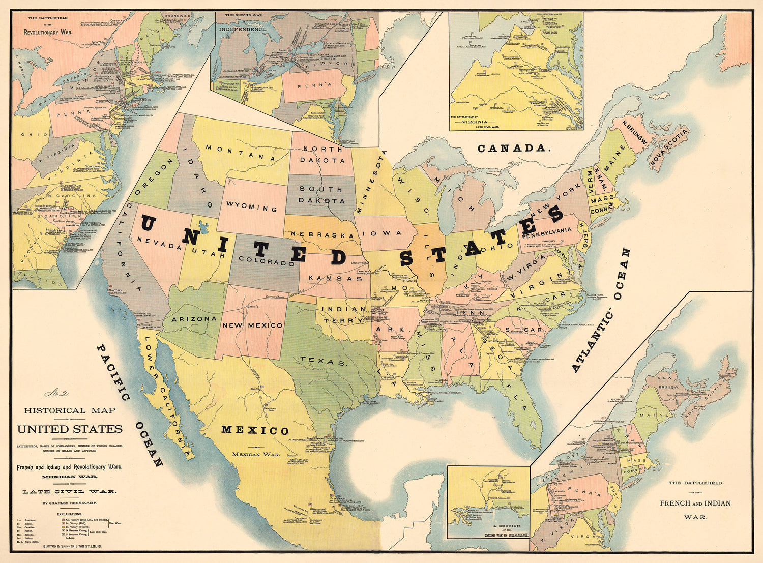 Historical Map of the United States Indicating Battlefields, Names of Commanders, Number of Troops Engaged, Number of Killed and Captured During French and Indian and Revolutionary Wars, Mexican War, and the Late Civil War 1890