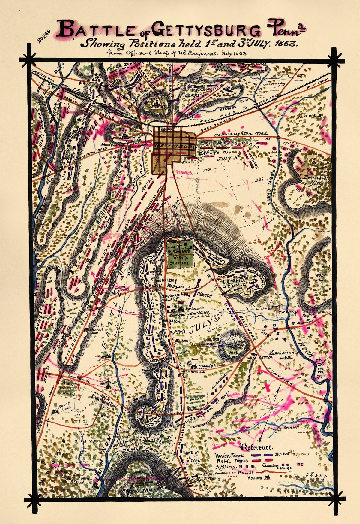 Battle of Gettysburg, Penna. Showing Positions Held 1st and 3rd July 1863 1862 by Relic Map Company