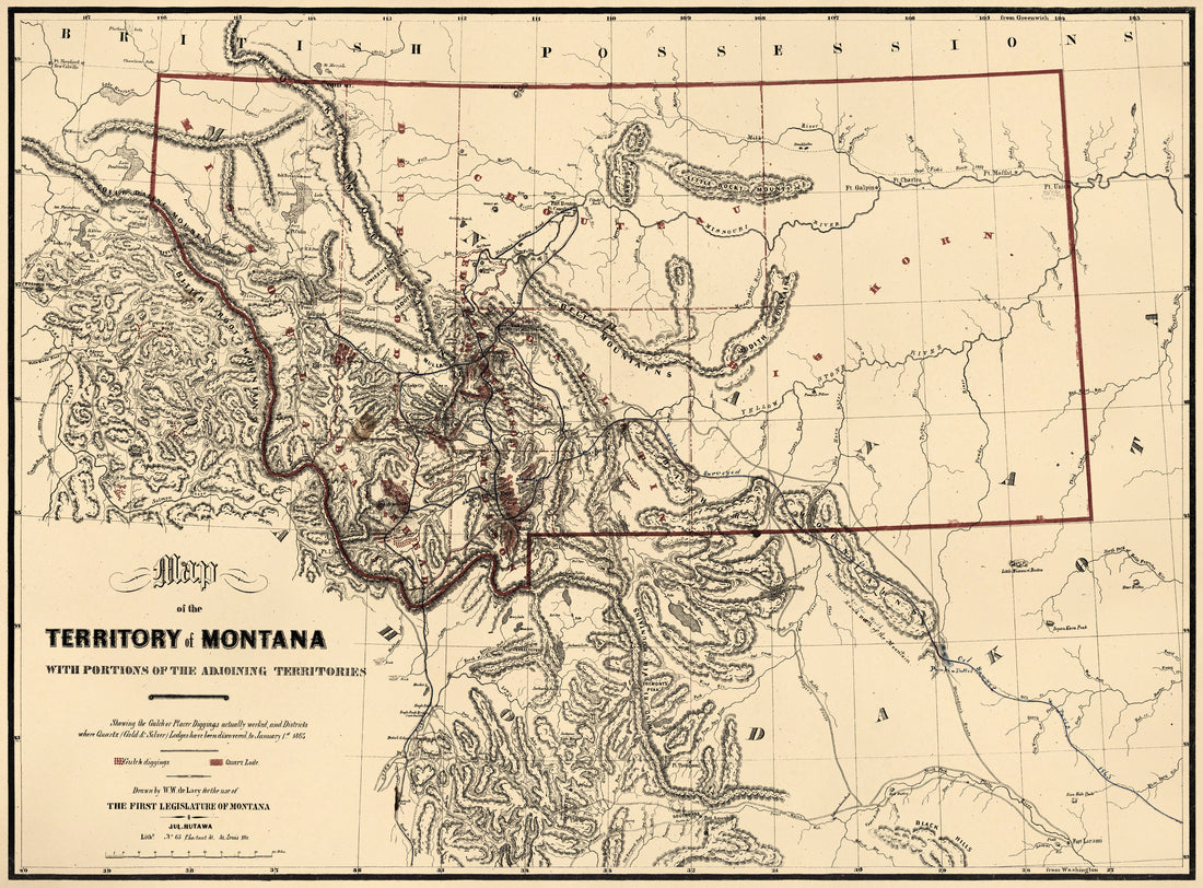 Map of the Territory of Montana With Portions of the Adjoining Territories : Showing the Gulch Or Placer Diggings Actually Worked and Districts Where Quartz (gold &amp; Silver) Lodges Have Been Discovered to January 1st 1865 by Relic Map Company