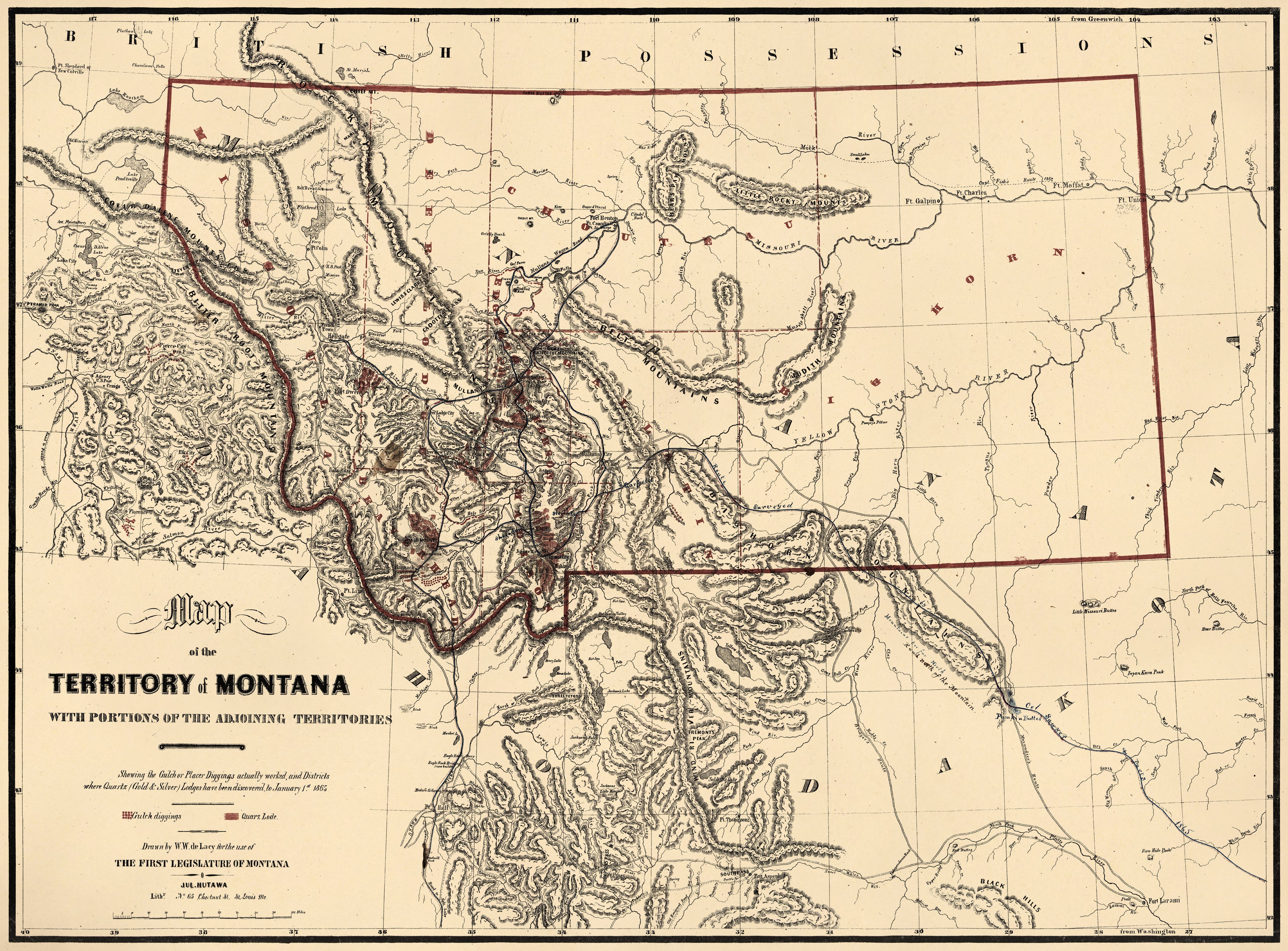 Map of the Territory of Montana With Portions of the Adjoining Territories : Showing the Gulch Or Placer Diggings Actually Worked and Districts Where Quartz (gold &amp; Silver) Lodges Have Been Discovered to January 1st 1865 by Relic Map Company
