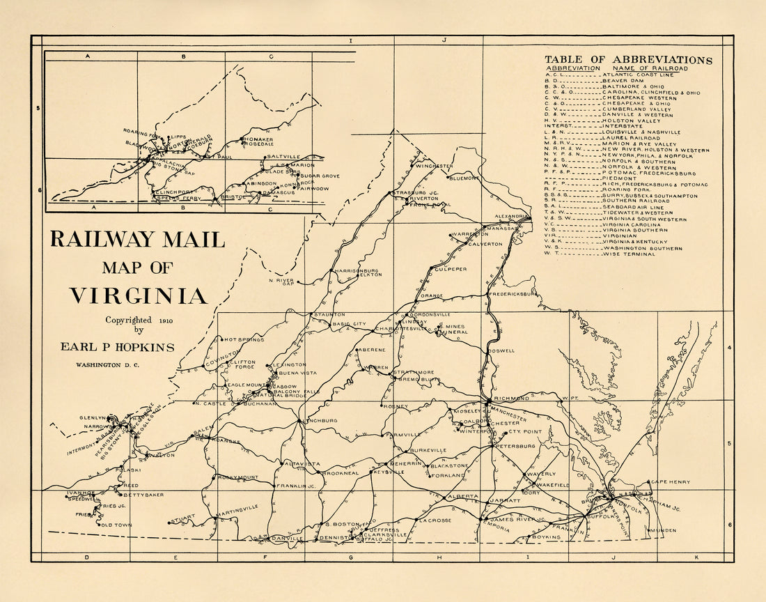 Railway Mail Map of Virginia 1910