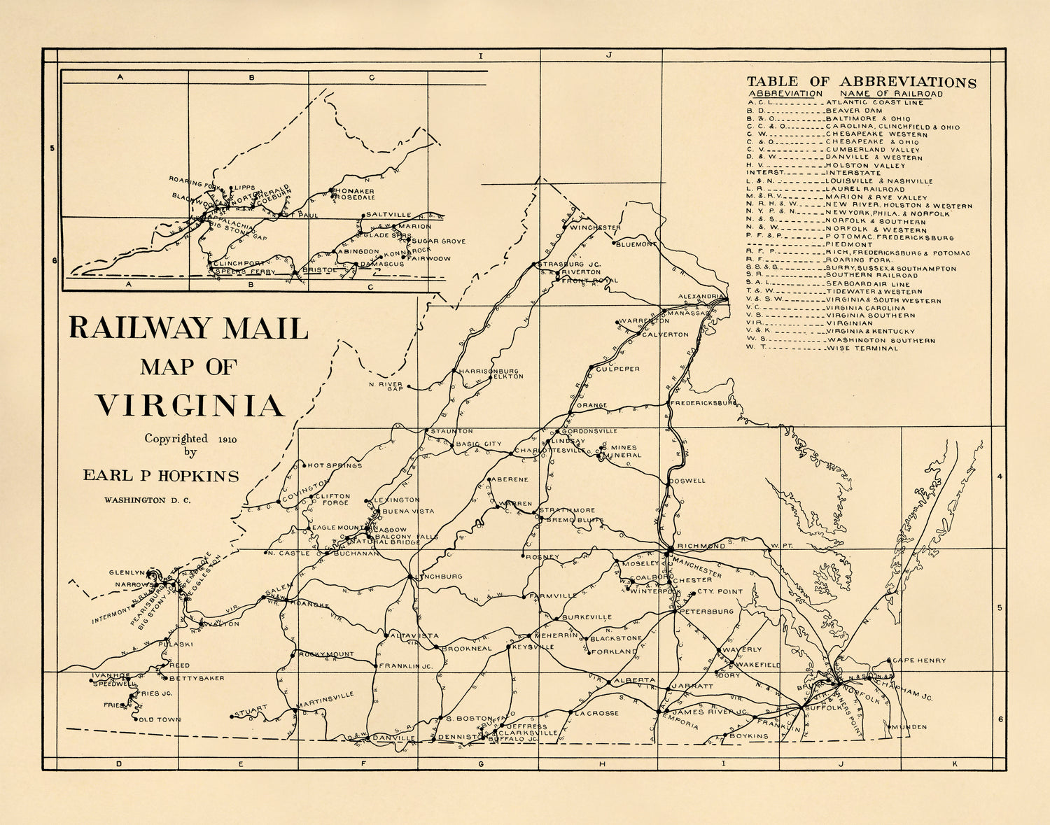 Railway Mail Map of Virginia 1910