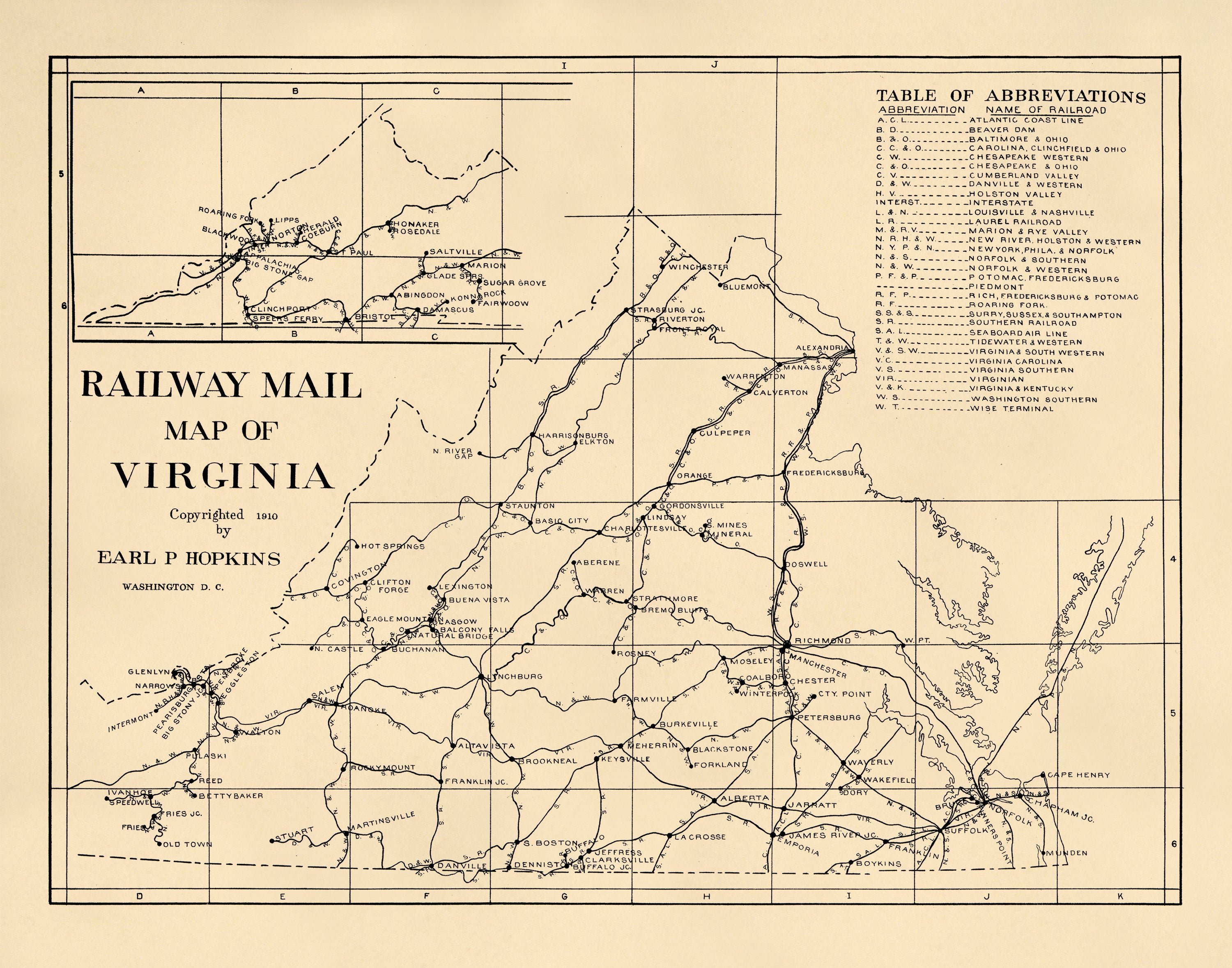 Railway Mail Map of Virginia 1910