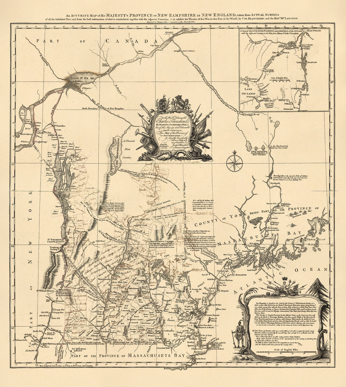 Hampshire In New England, Taken from Actual Surveys of All the Inhabited Part, and from the Best Information of What Is Uninhabited, Together With the Adjacent Countries, Which Exhibits the Theatre of This War In That Part of the World 1761