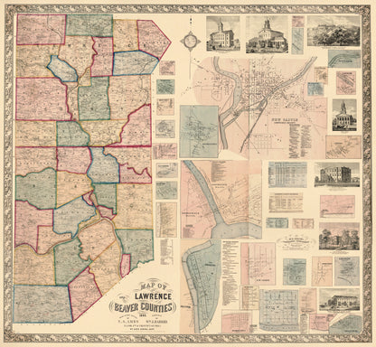 Map of Lawrence and Beaver Counties in 1860 by Relic Map Company
