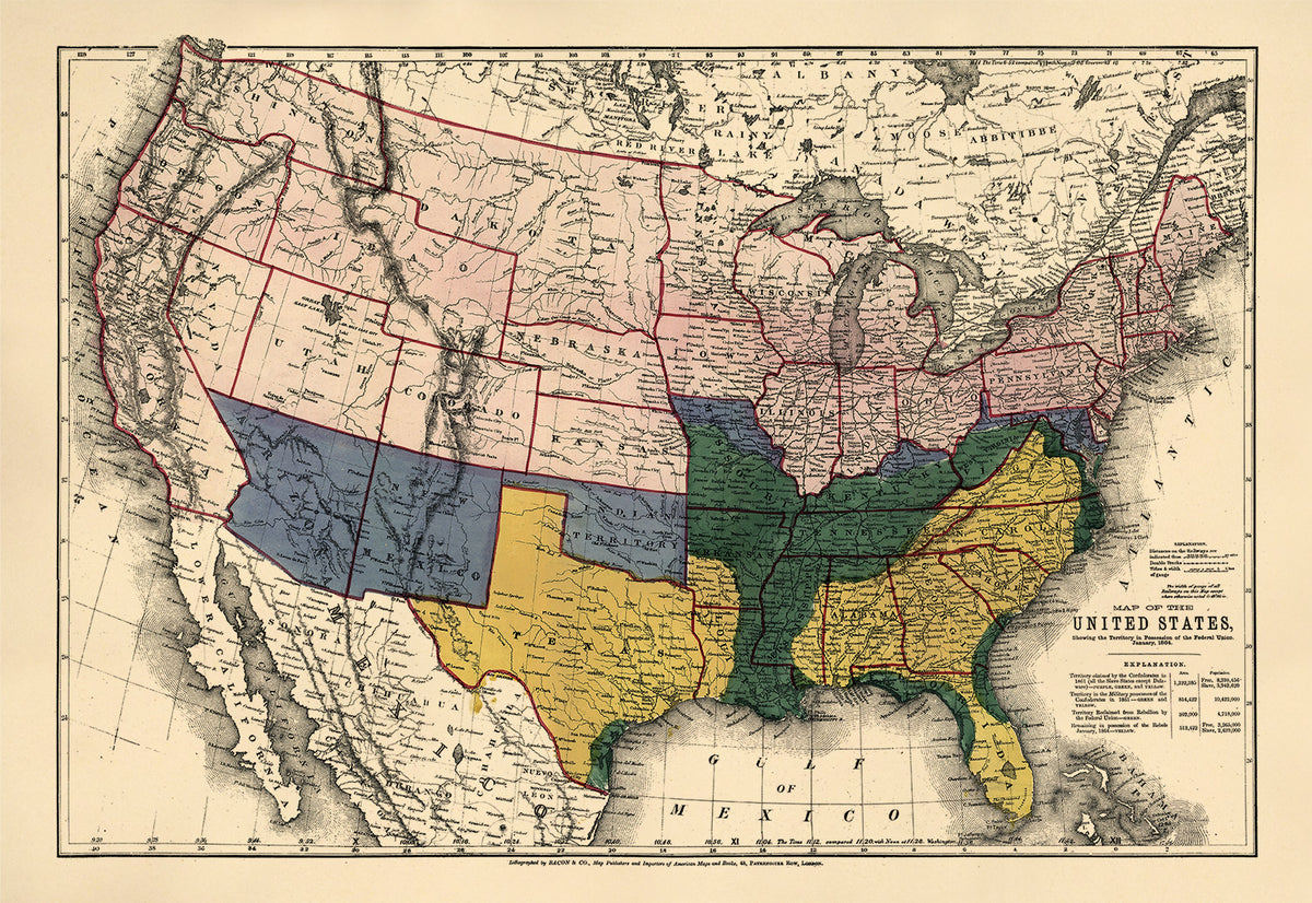 Map of the United States, Showing the Territory In Possession of the Federal Union, January, 1864 by Relic Map Company