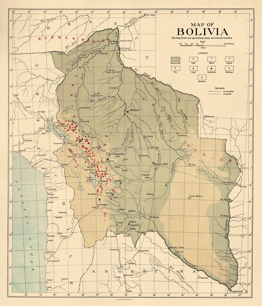 Map of Bolivia, Showing Forest and Agriculture Areas, and Mineral Localities 1912