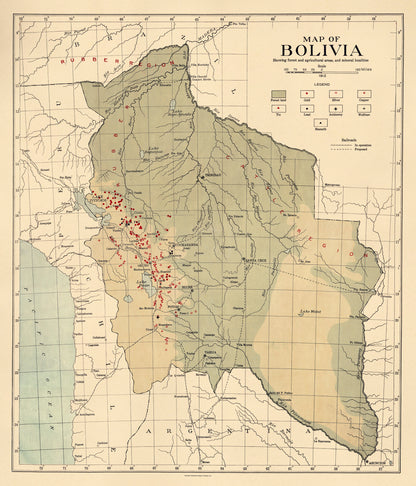 Map of Bolivia, Showing Forest and Agriculture Areas, and Mineral Localities 1912