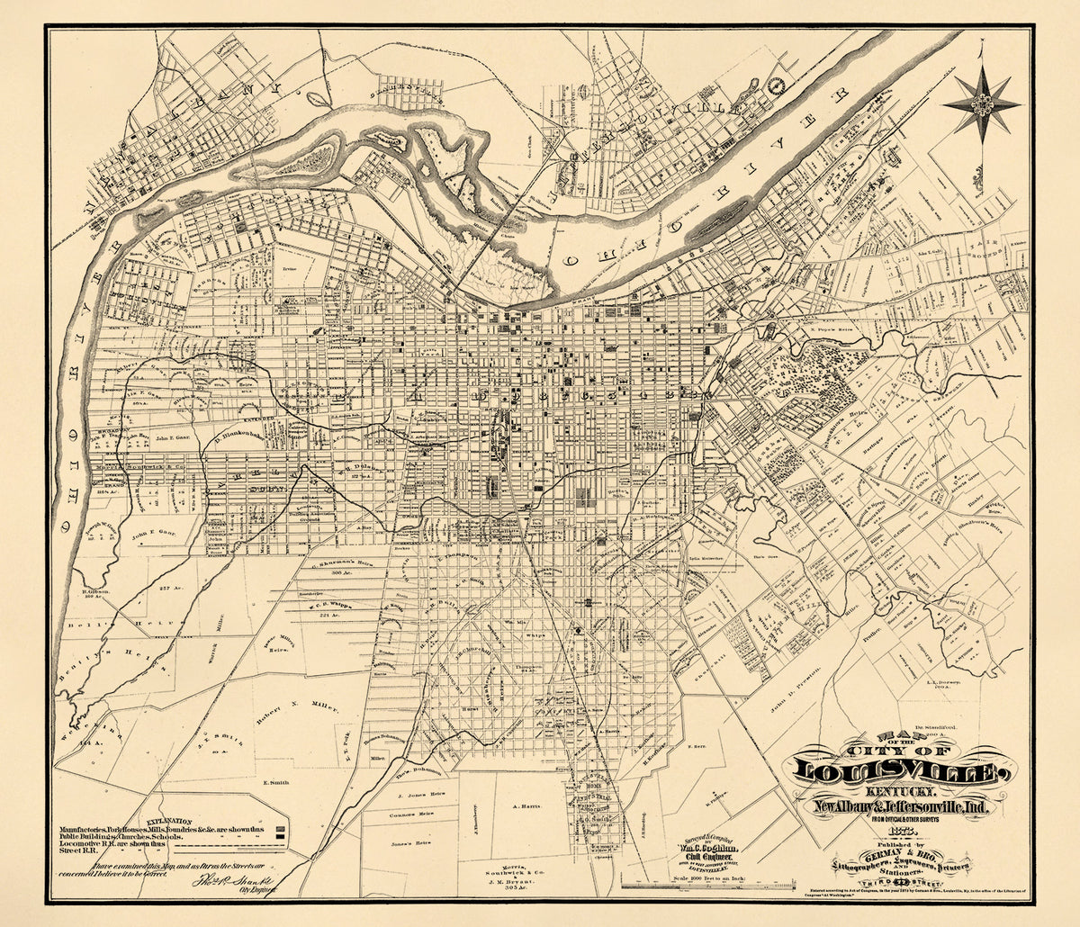 Map of the City of Louisville, Kentucky, New Albany &amp; Jeffersonville, Indiana : From Official and Other Surveys in 1873 by Relic Map Company