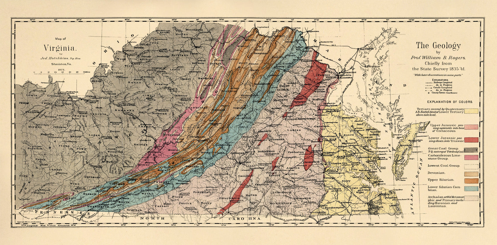 Map of Virginia in 1874 by Relic Map Company