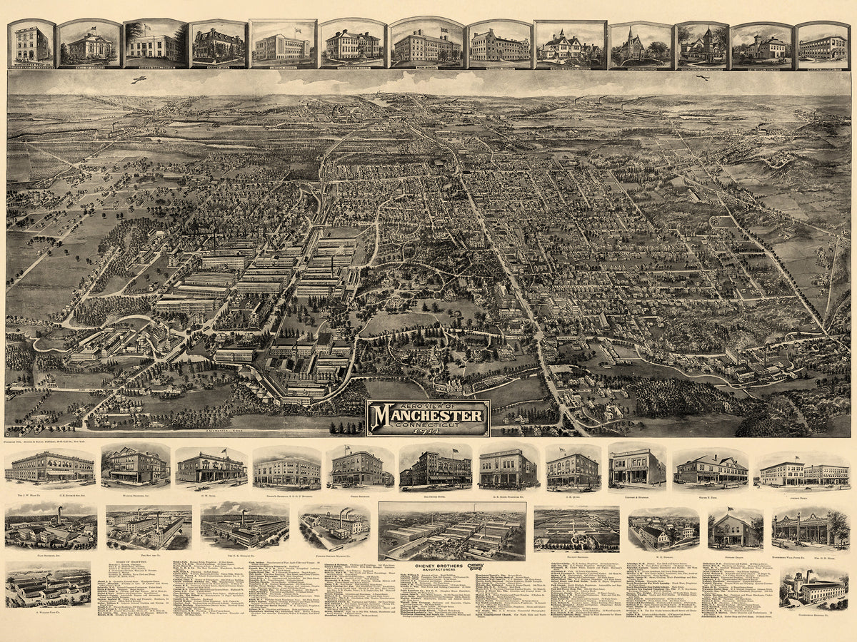 Aero View of Manchester, Connecticut 1914 by Relic Map Company