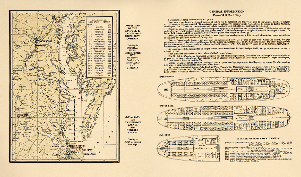 Route Map of the Norfolk &amp; Washington Steamboat Company : Showing the Potomac River, Chesapeake Bay, and Adjacent Territory In Maryland and Virginia 1920 by Relic Map Company