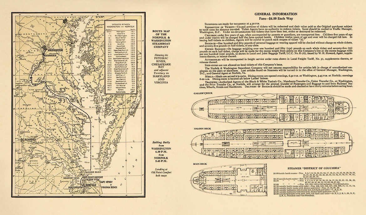 Route Map of the Norfolk &amp; Washington Steamboat Company : Showing the Potomac River, Chesapeake Bay, and Adjacent Territory In Maryland and Virginia 1920