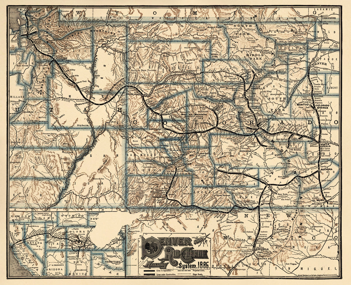 Denver and Rio Grande Railway System, in 1886 by Relic Map Company