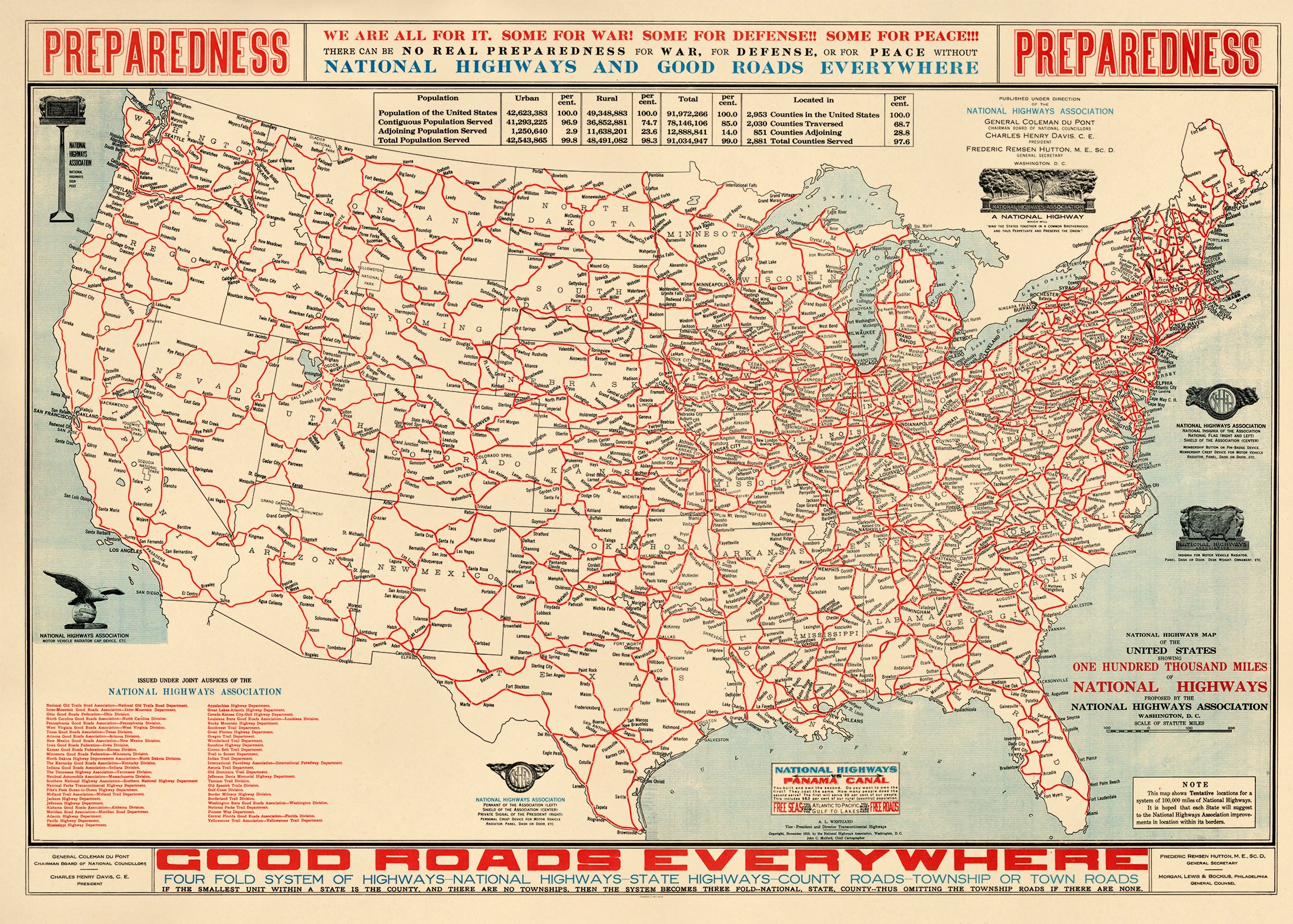National Highways Map of the United States Showing One Hundred Thousand Miles of National Highways: Proposed by the National Highways Association in 1915