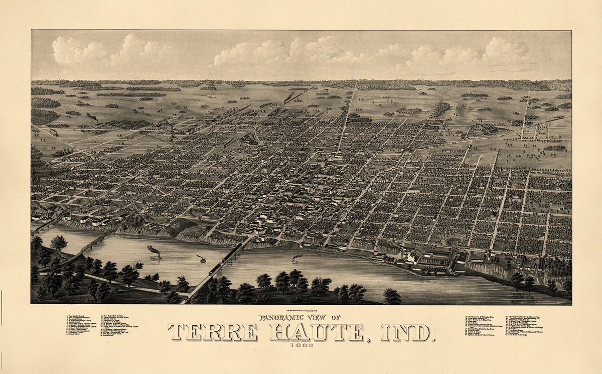 Panoramic View of Terre Haute, Indiana 1880 by Relic Map Company