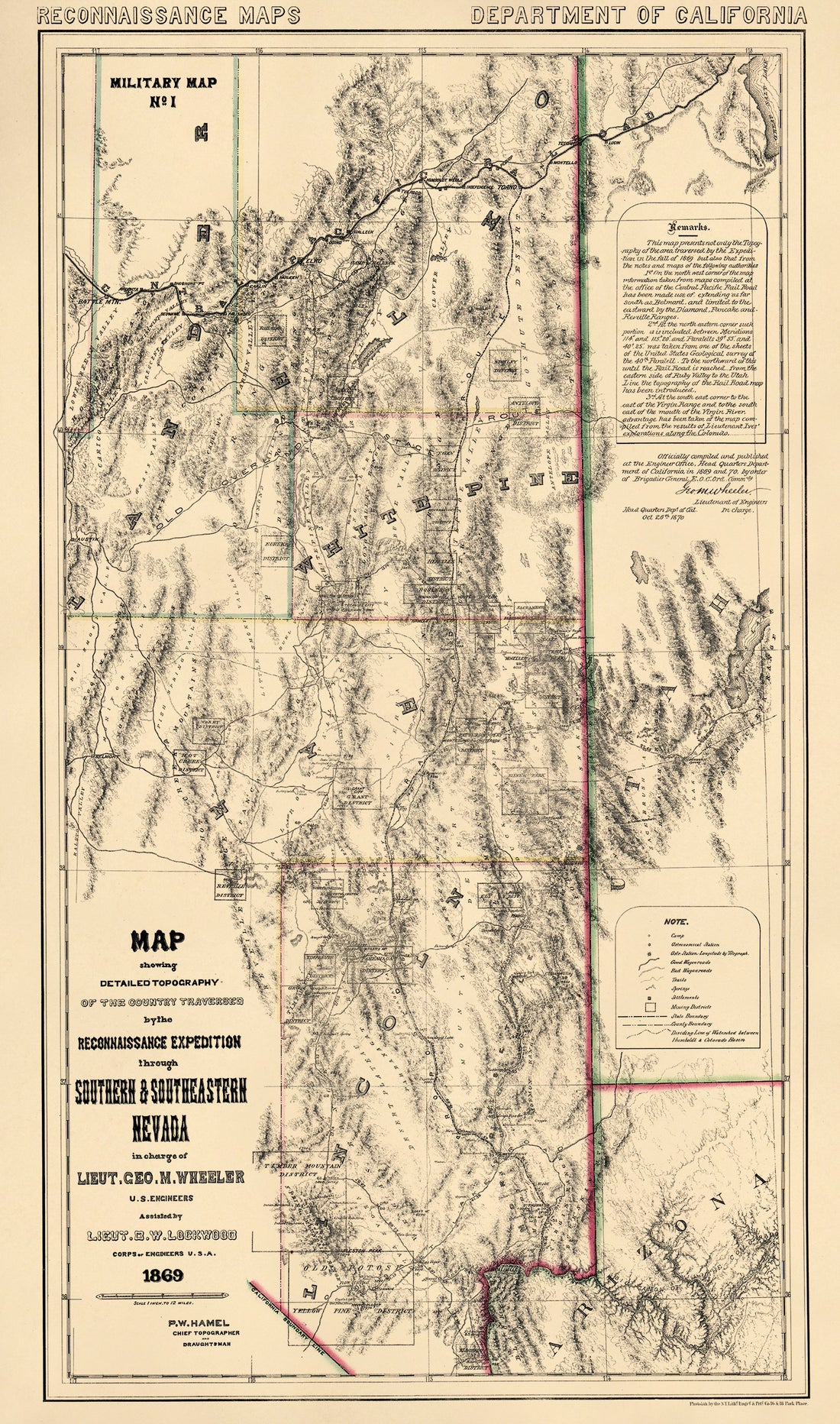 Map Showing Detailed Topography of the Country Traversed by the Reconnaissance Expedition Through Southern and Southeastern Nevada (Reconnaissance Maps : Department of California, Military Map No. 1) 1870