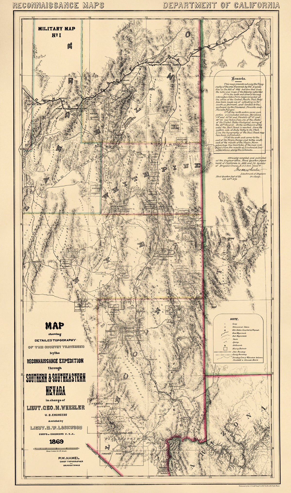 Map Showing Detailed Topography of the Country Traversed by the Reconnaissance Expedition Through Southern and Southeastern Nevada (Reconnaissance Maps : Department of California, Military Map No. 1) 1870 by Relic Map Company