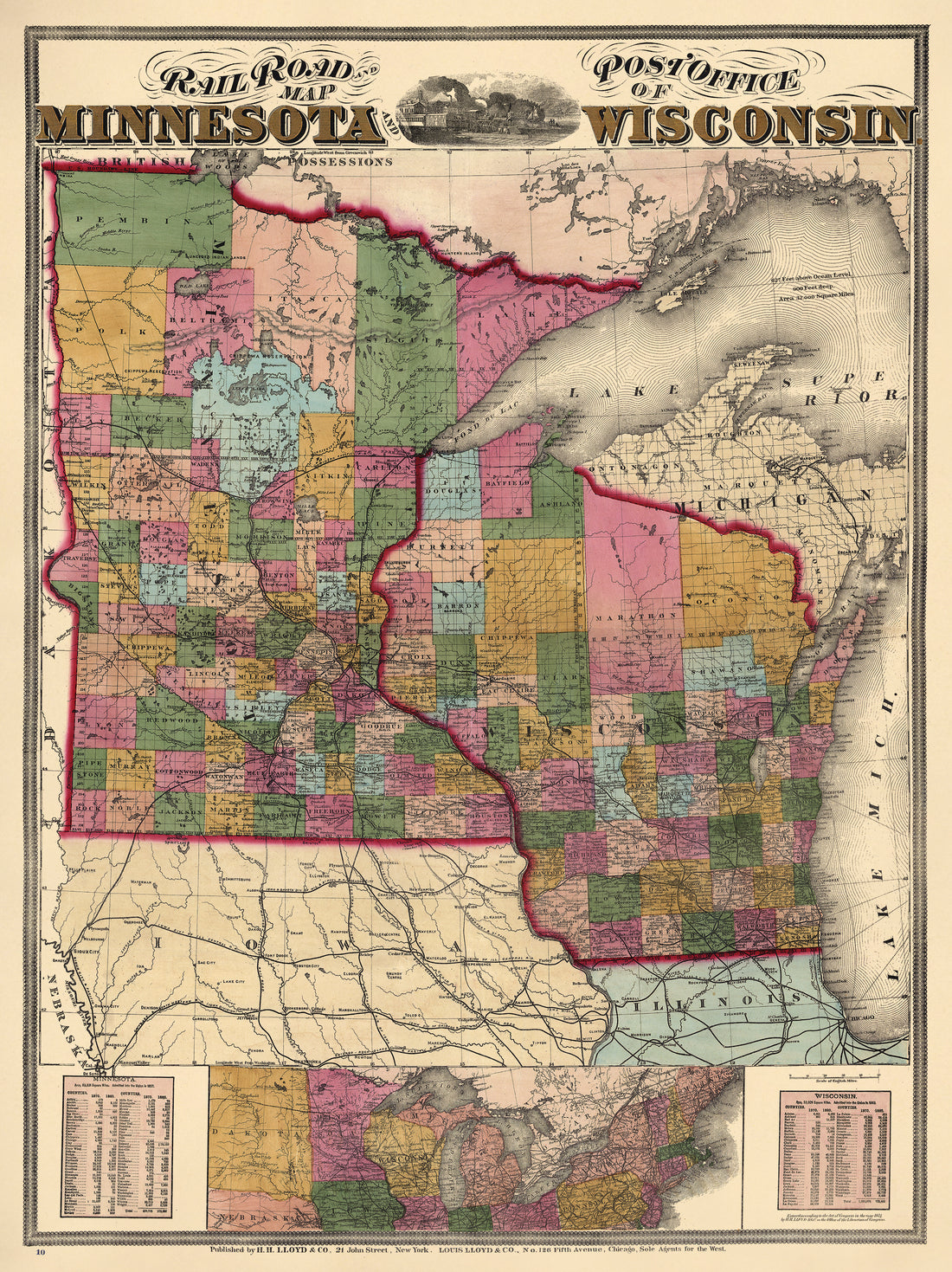 Railroad and Post Office Map of Minnesota and Wisconsin 1871