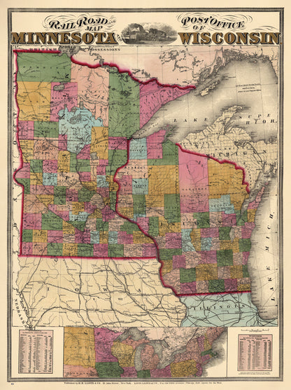 Railroad and Post Office Map of Minnesota and Wisconsin 1871