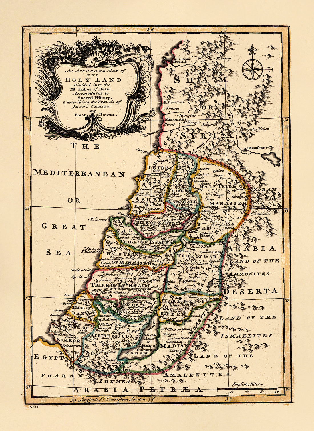 An Accurate Map of the Holy Land Divided Into the XII Tribes of Israel. Accomodated to Sacred History, &amp; Describing the Travels of Jesus Christ 1752 by Relic Map Company