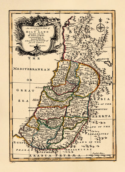 An Accurate Map of the Holy Land Divided Into the XII Tribes of Israel. Accomodated to Sacred History, &amp; Describing the Travels of Jesus Christ 1752 by Relic Map Company