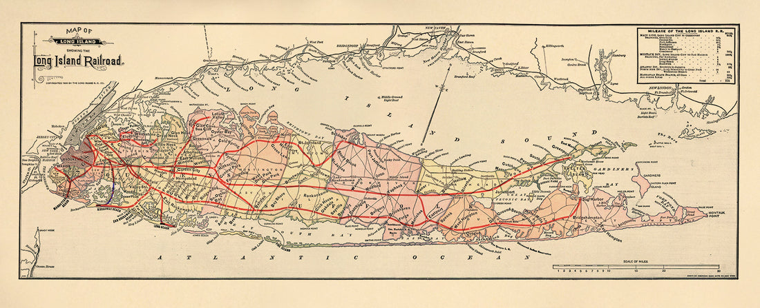 Map of Long Island Showing the Long Island Railroad 1884