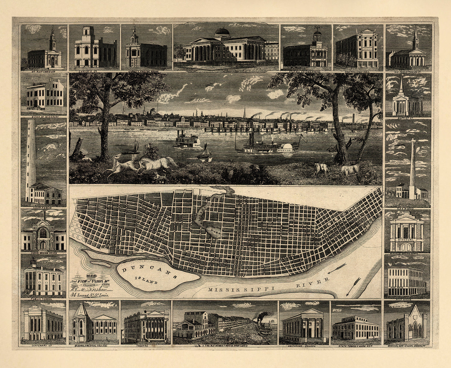 Map and View of St. Louis, Mo 1848 by Relic Map Company