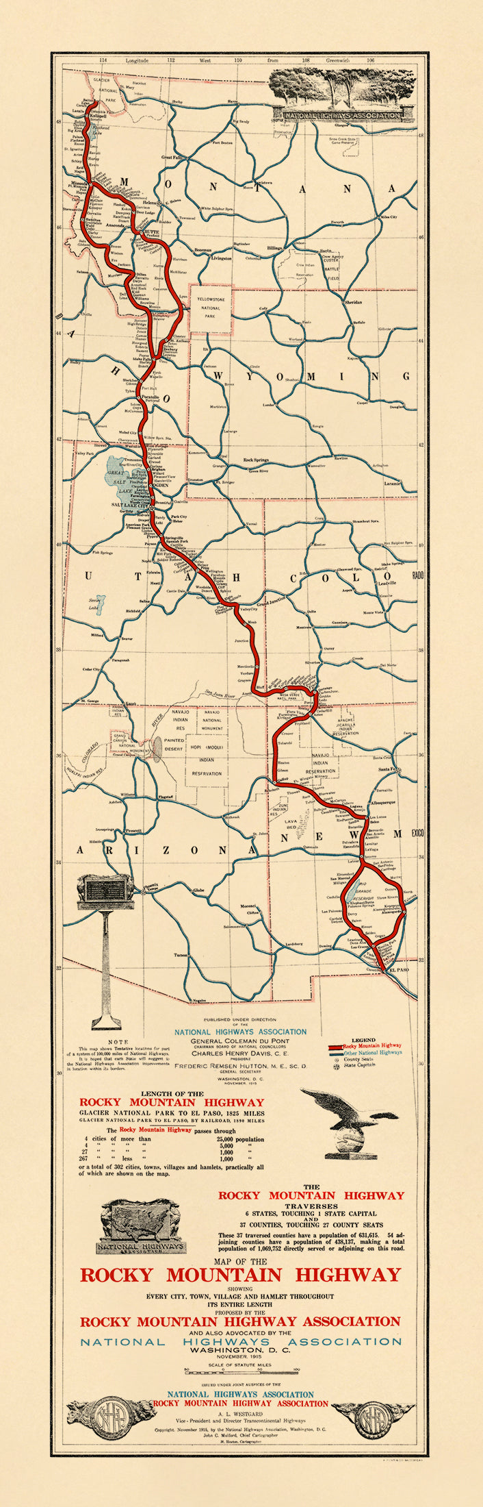 Map of the Rocky Mountain Highway. (Map of the Rocky Mountain Highway: Showing Every City, Town, Village and Hamlet Throughout Its Entire Length) 1915