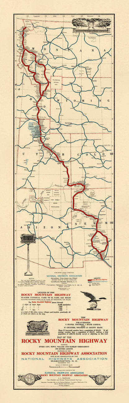 Map of the Rocky Mountain Highway. (Map of the Rocky Mountain Highway: Showing Every City, Town, Village and Hamlet Throughout Its Entire Length) 1915 by Relic Map Company