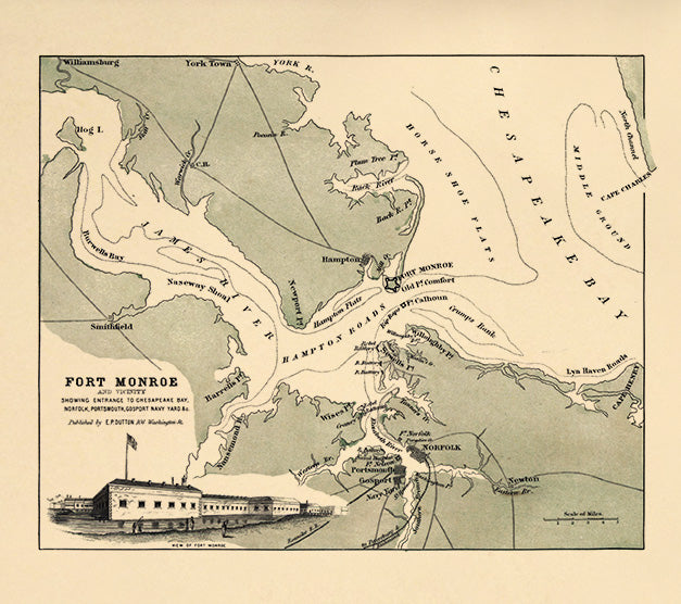 Fort Monroe and Vicinity Showing Entrance to Chesapeake Bay, Norfolk, Portsmouth, Gosport Navy Yard 1860 by Relic Map Company