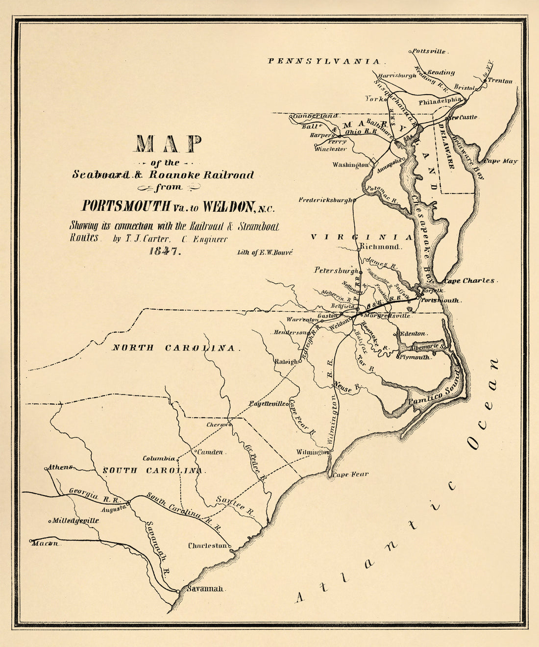 Map of the Seaboard &amp; Roanoke Railroad from Portsmouth, Va. to Weldon, N.C. Showing Its Connection With Railroad &amp; Steamboat Routes 1847