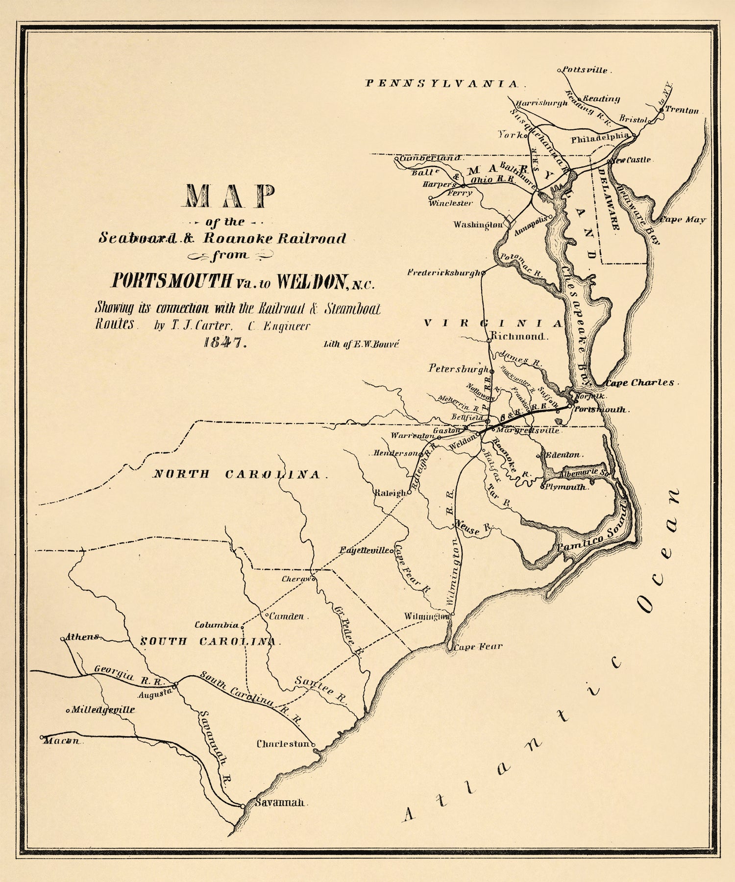 Map of the Seaboard &amp; Roanoke Railroad from Portsmouth, Va. to Weldon, N.C. Showing Its Connection With Railroad &amp; Steamboat Routes 1847