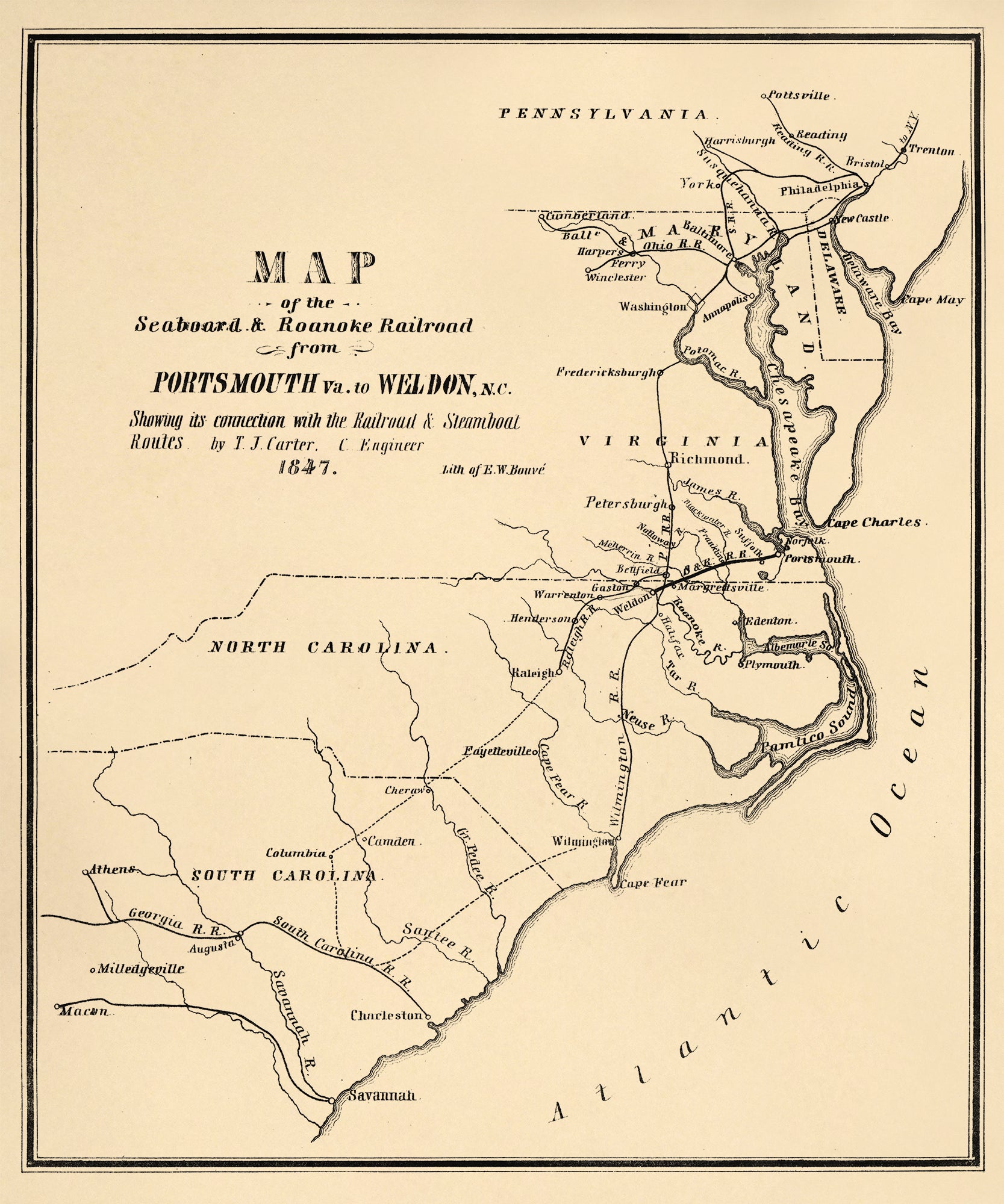 Map of the Seaboard &amp; Roanoke Railroad from Portsmouth, Va. to Weldon, N.C. Showing Its Connection With Railroad &amp; Steamboat Routes 1847