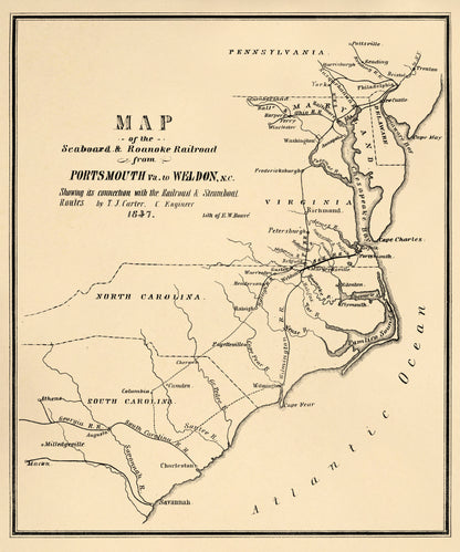 Map of the Seaboard &amp; Roanoke Railroad from Portsmouth, Va. to Weldon, N.C. Showing Its Connection With Railroad &amp; Steamboat Routes 1847