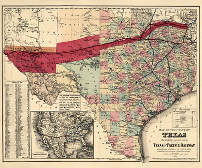 Map of the State of Texas Showing the Line and Lands of the Texas and Pacific Railway Reserved and Donated by the State of Texas, 1873 by Relic Map Company